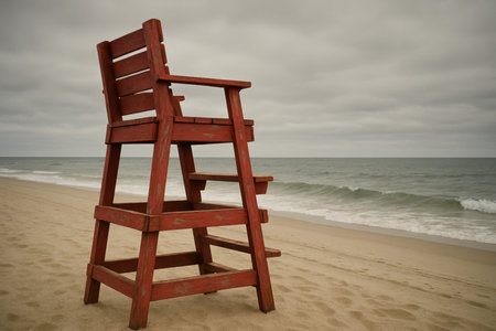 Empty red lifeguard chair on sandy beach with overcast sky and gentle ocean waves during off season coastal solitude.の素材