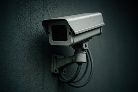 Outdoor security surveillance camera mounted on a concrete wall in low light, monitoring for safety and protection.の素材