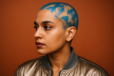 Confident individual with blue and gold painted shaved head wearing metallic jacket against solid brown background.の素材