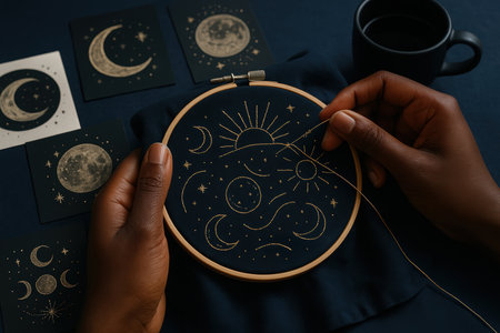 Hands crafting celestial embroidery hoop with moon, sun, and stars patterns surrounded by matching detailed cards and a cup.の素材