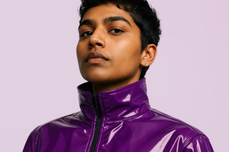 Confident person with short hair in a glossy purple jacket posing against a light purple background with a bold expression.の素材