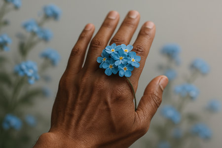 Close up of a hand wearing a unique blue floral ring with delicate petals, showing natural jewelry and minimalist beauty.の素材