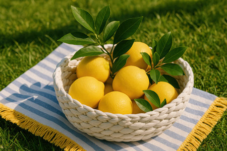 Fresh lemons with green leaves in a woven basket on striped cloth outdoors on a sunny summer lawn picnic scene.の素材