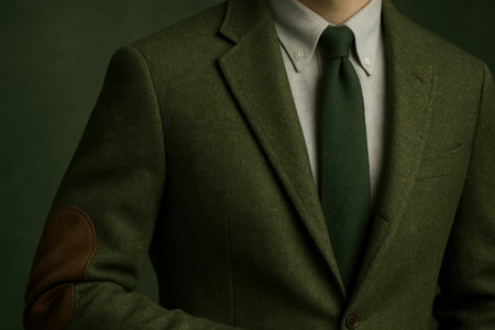 Elegant man in green wool blazer with matching tie, white collared shirt, and brown elbow patch against deep green backdrop.の素材