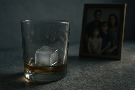 Closeup of whiskey glass with melting ice on table in moody light, blurred family portrait in background, solitude concept.の素材