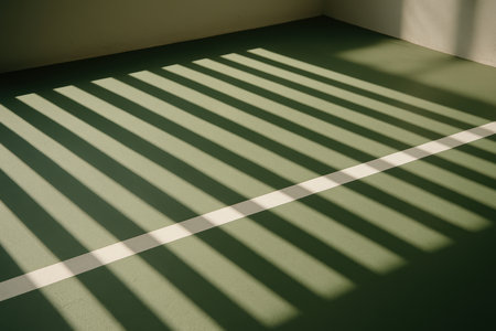 Long parallel shadows cast across a green sports court with a single white line under soft sunlight in an indoor setting.の素材