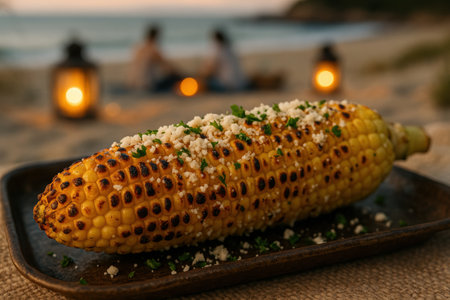 Grilled corn on cob topped with cheese, herbs, and spices served on tray at beach picnic with lanterns during sunset.の素材