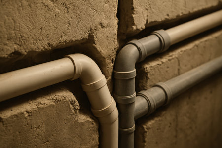 Pvc and metal pipes crossing along a rough textured wall, showcasing plumbing installation and industrial construction elements.の素材
