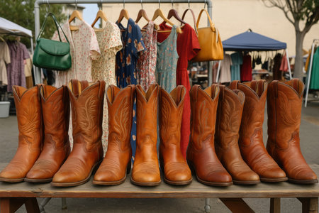Brown leather cowboy boots neatly arranged on table at outdoor market with vintage dresses and handbags in background.の素材