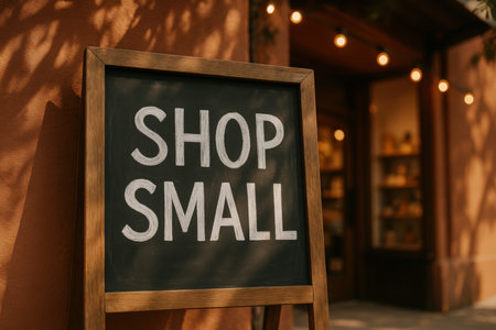 chalkboard sign promoting shop small business support outdoors with warm lighting and inviting storefront atmosphere.の素材