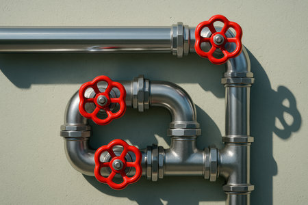 Shiny metal plumbing pipes with red valve handles mounted on a light wall forming an angular industrial water control system.の素材