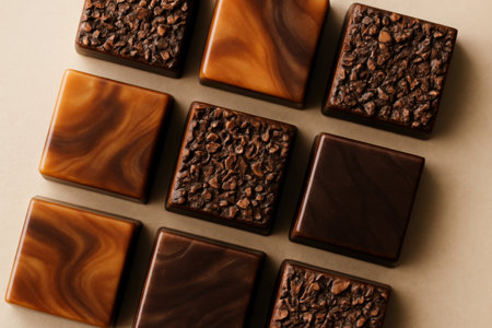 Assorted gourmet chocolate squares in swirl and textured designs arranged in a grid pattern on a neutral background.の素材