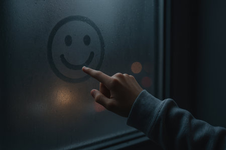Person drawing a smile face on a foggy window at night with city lights in the background, expressing mood and creativity.の素材