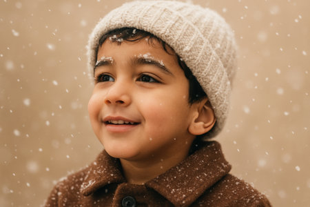 Smiling young boy in warm brown coat and knit hat enjoying gentle snowfall with frosty eyebrows and cheerful winter expression.の素材