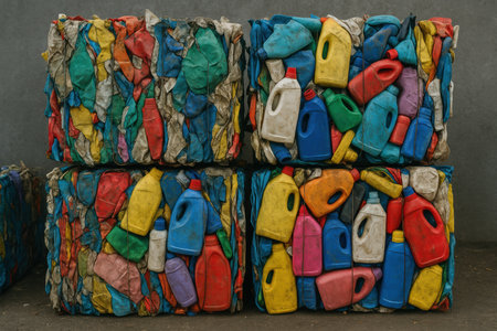 Bales of compressed colorful plastic containers and bottles arranged for recycling against an industrial gray background.の素材