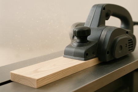 Electric wood planer smoothing wooden plank surface with flying dust particles during precise carpentry work on workshop table.の素材