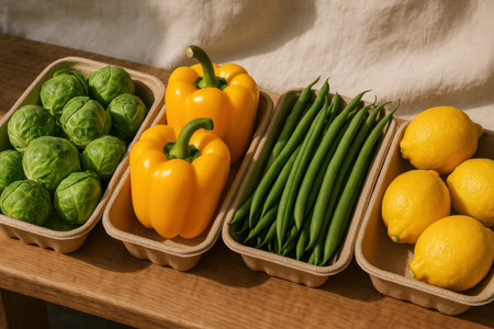 Fresh yellow bell peppers, Brussels sprouts, green beans, and lemons arranged in eco friendly trays on a wooden table.の素材