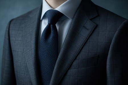 Elegant man in a modern checkered suit with blue necktie, stylish formalwear fashion for business professionals and executives.の素材