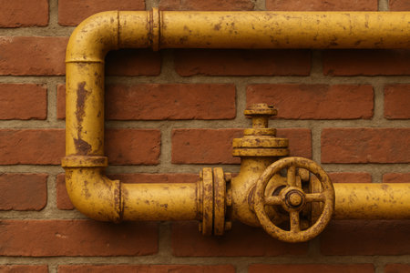 Industrial yellow metal pipe with valve mounted on red brick wall, showing aged texture and urban infrastructure elements.の素材
