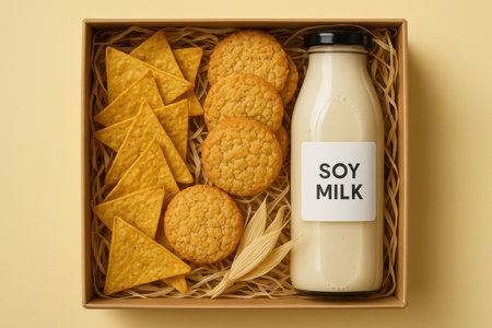 Assorted crunchy cookies and tortilla chips arranged beside a glass bottle of soy milk in a decorative gift box on yellow background.の素材