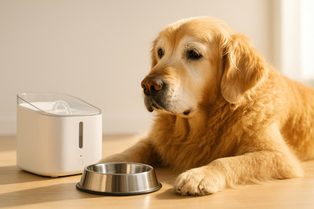 Golden retriever waiting patiently beside automatic feeder and empty bowl in sunny home interior.の素材
