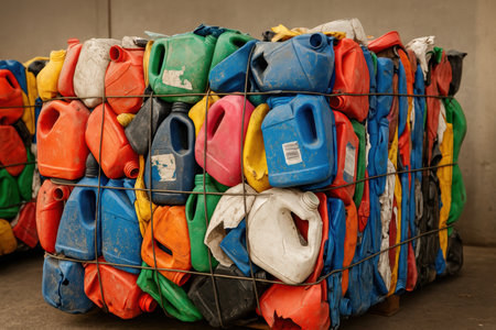 Compressed colorful plastic containers bundled together for recycling and environmental waste management in an industrial facility.の素材