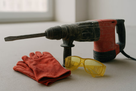 Heavy duty electric drill with red gloves and yellow safety glasses on a light surface near a window in a construction setting.の素材