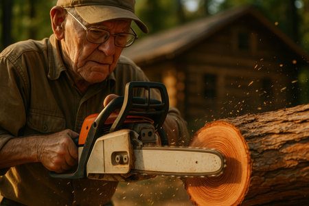 Elderly man using chainsaw to cut firewood outdoors in forested area with rustic cabin in background during autumn afternoon.の素材