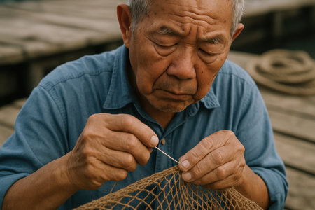 Elderly man mending fishing net with focused concentration outdoors, demonstrating traditional craftsmanship and skilled handiwork.の素材