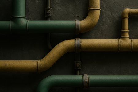 Industrial green and yellow metal pipes running along a dark textured wall, showing geometric angles and modern construction design.の素材