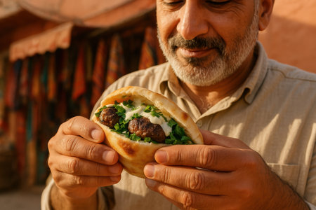 Smiling man enjoys flavorful meatball sandwich with fresh herbs and creamy sauce outdoors on a sunny day.の素材