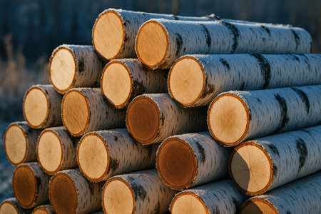 Freshly cut birch logs stacked neatly outdoors in natural sunlight, displaying clean saw marks and textured bark surfaces.の素材