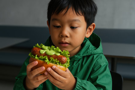 Curious young boy in green jacket examining a large veggie hot dog with lettuce and sauce while sitting indoors at a table.の素材
