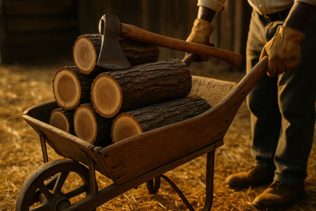 Freshly chopped firewood neatly stacked in a wooden wheelbarrow with an axe, ready for use during a golden hour outdoors.の素材