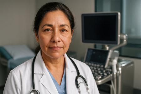 Confident female doctor wearing white coat and stethoscope standing in modern medical clinic with ultrasound equipment.の素材