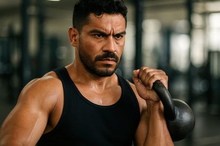 Focused athletic man in black tank top lifting kettlebell indoors, building strength and muscle during intense workout session.の素材
