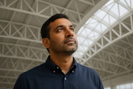 Portrait of a thoughtful man gazing upwards inside a modern building with large glass ceiling and structural metal beams.の素材