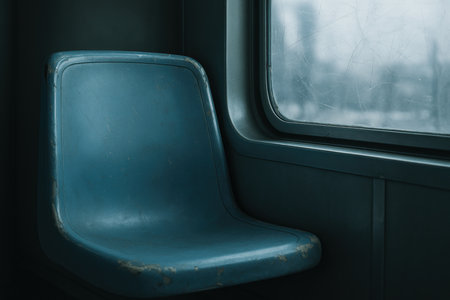 Empty blue seat near a scratched window inside an old train carriage on a cold, overcast day.の素材