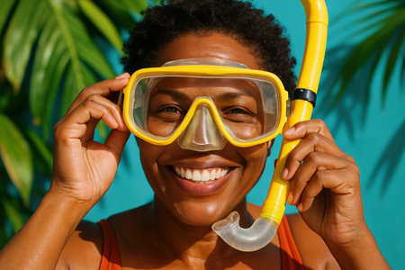 Smiling woman in yellow snorkeling mask poses outdoors with tropical leaves and blue background in bright sunlight.の素材
