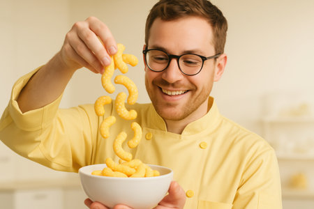 Smiling man in yellow chef uniform holding white bowl and pouring crunchy cheese snacks in bright kitchen setting.の素材