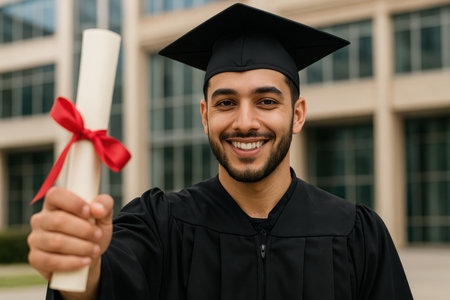 Young man in graduation cap and gown smiling while holding diploma scroll with red ribbon in front of academic building.の素材