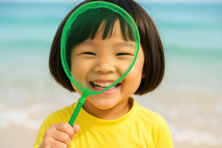 Smiling young girl holding green net on sunny beach, enjoying playful summer day by the sea in bright yellow shirt.の素材