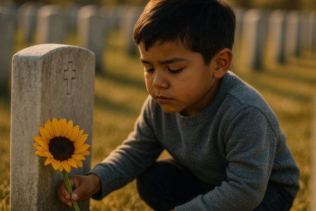Young boy kneeling at grave holding sunflower in cemetery, expressing remembrance, grief, and childhood innocence at sunset.の素材