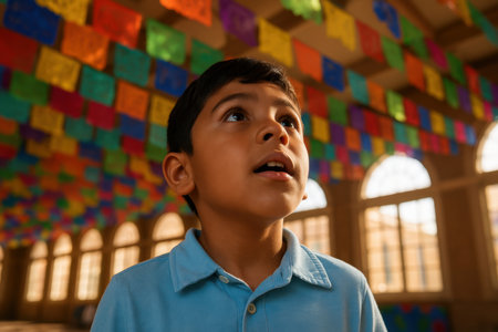 Curious young boy gazes upward beneath colorful festive banners indoors, sunlight streaming through large arched windows in background.の素材
