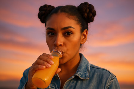 Young woman with braided buns sipping orange juice from a glass bottle outdoors at sunset, wearing a denim jacket.の素材