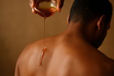Warm honey being gently poured onto a person's bare back during a luxurious spa treatment for relaxation and therapeutic wellness.の素材