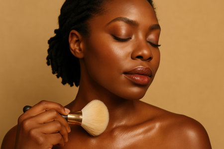 Serene woman applying makeup with a soft brush, highlighting smooth skin and natural beauty on a warm neutral background.の素材