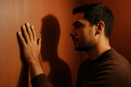 Pensive young man leaning against a brown wall with closed eyes, lost in deep thought and contemplation in low warm lighting.の素材