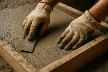 Worker hands leveling wet concrete surface in wooden frame for construction project using metal trowel and protective gloves.の素材