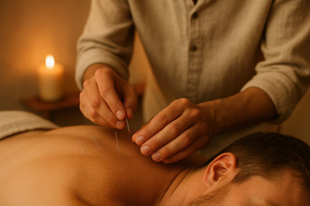 Professional acupuncturist performing acupuncture therapy on a relaxed client in a tranquil wellness spa setting with candlelight.の素材